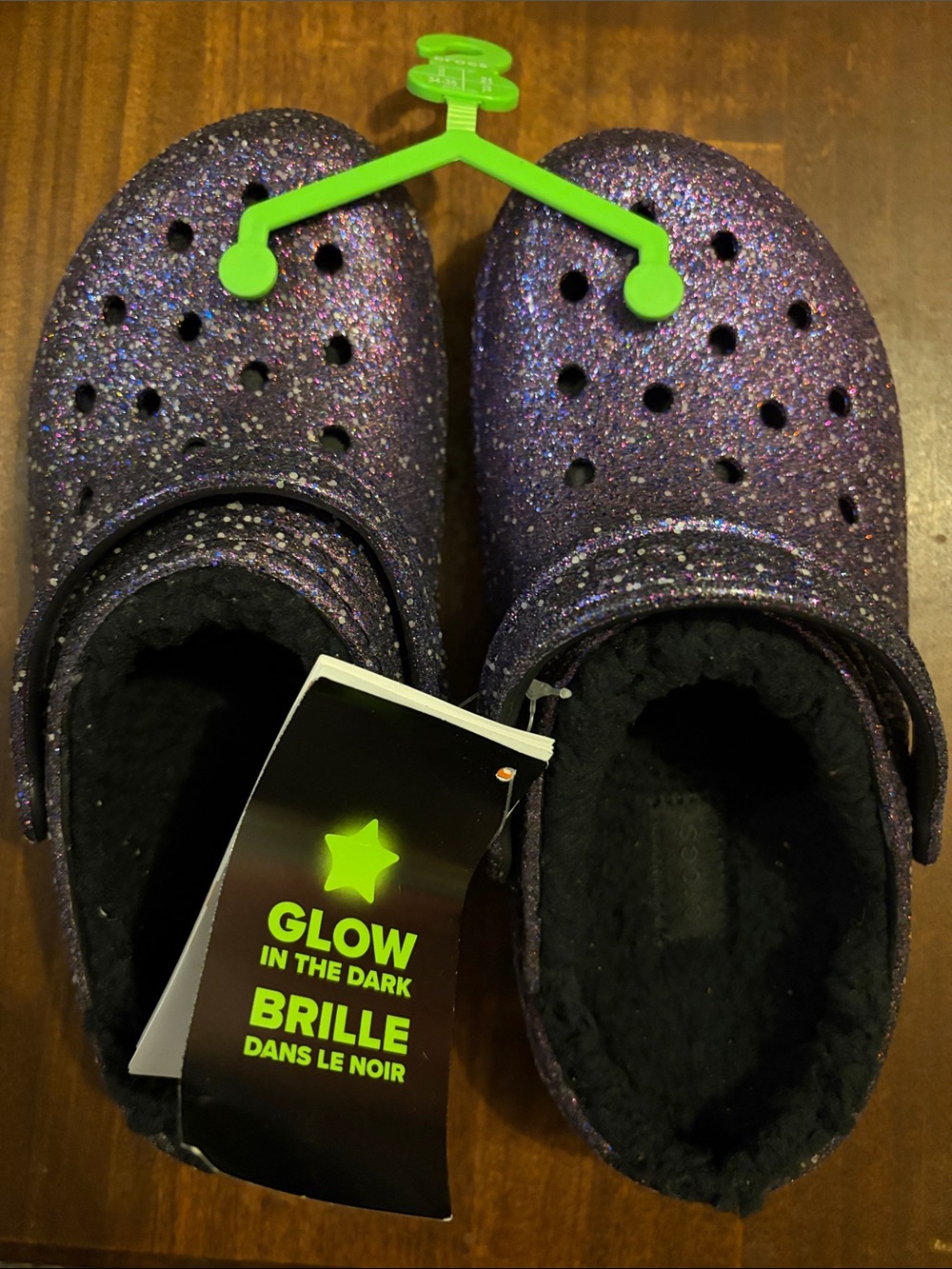CROCS Kids Glitter Purple Glow-in-the-Dark Clog Slippers
